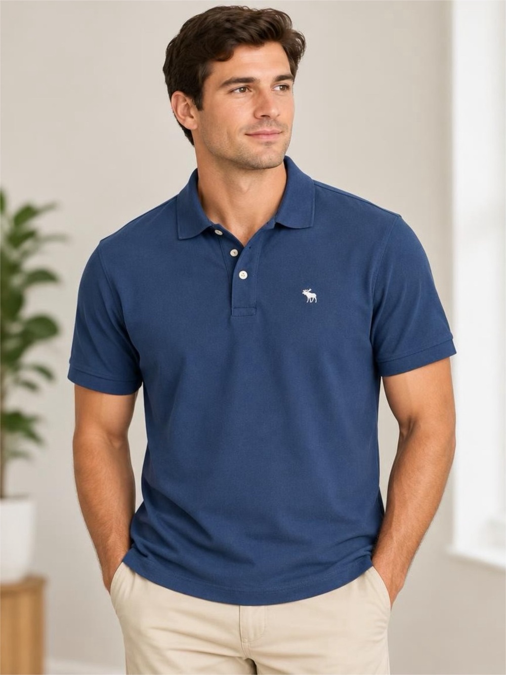 Abercrombie & Fitch Men's Navy Polo Shirt with Embroidered Logo